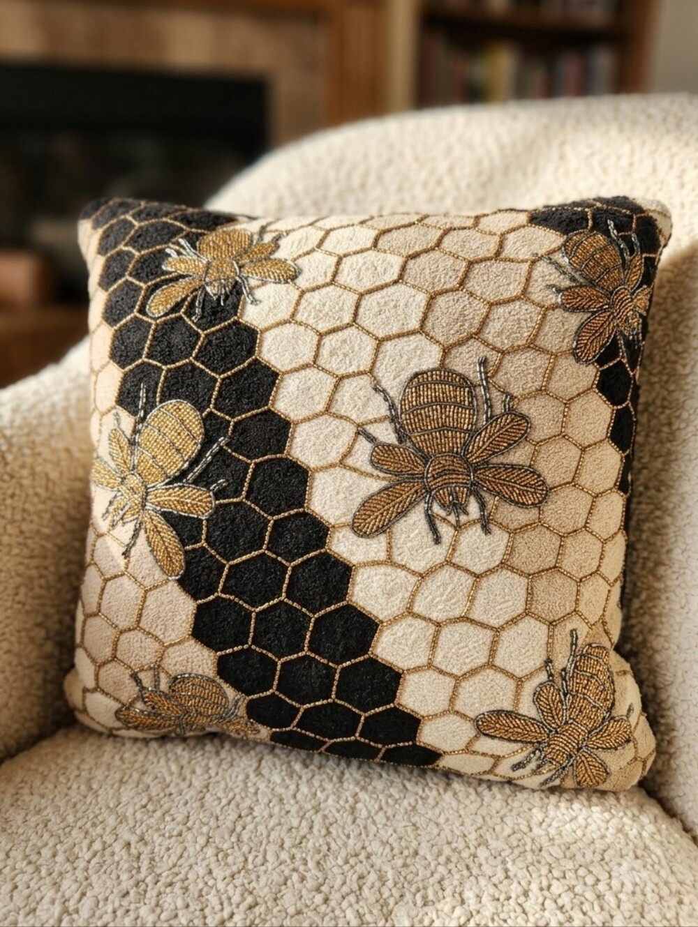 MacKenzie-Childs Beaded Queen Bee Honeycomb Velvet Throw Pillow